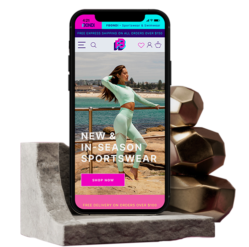 A smartphone mockup displays an online shop