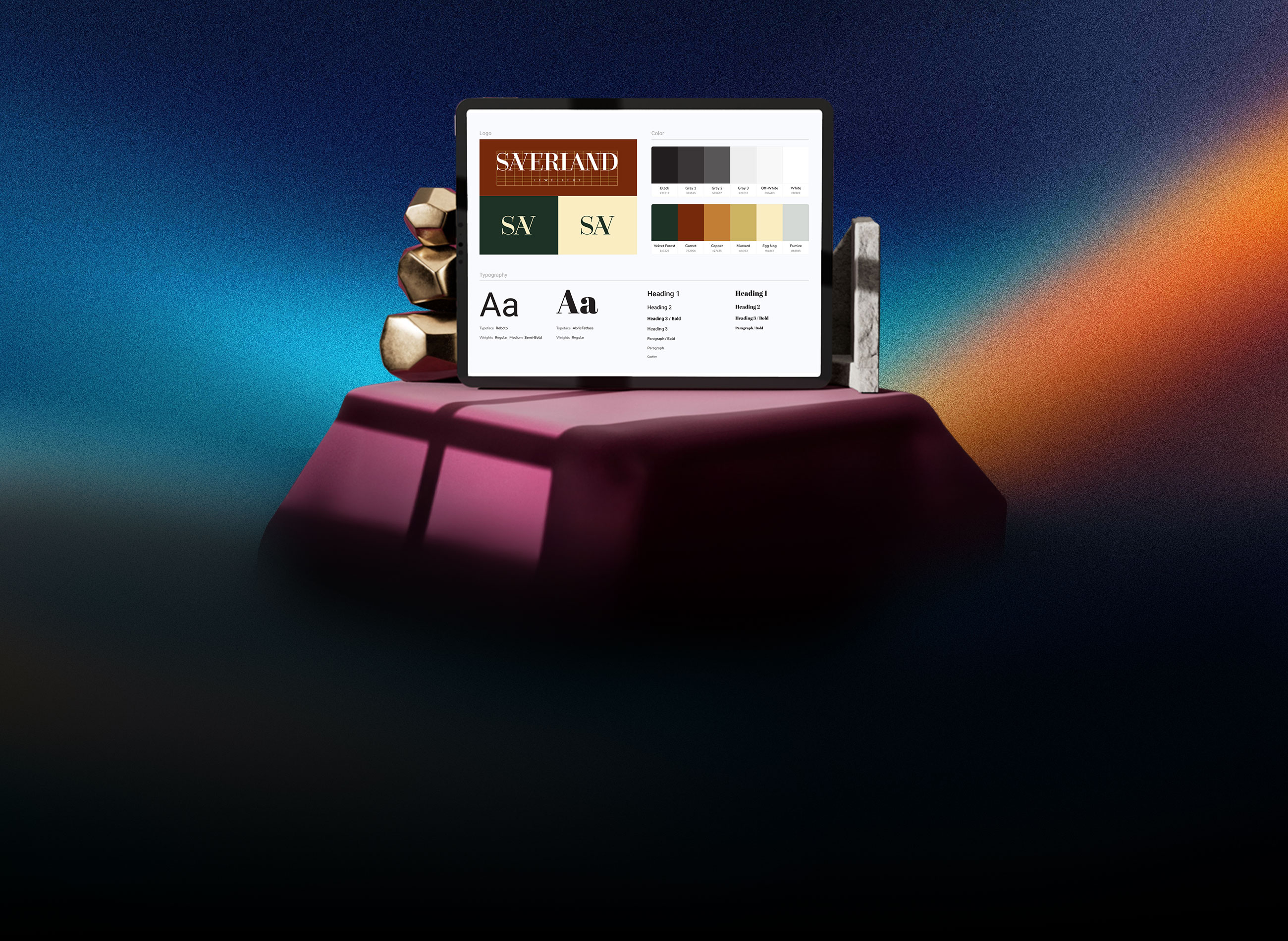 A tablet mockup showing a brand guideline
