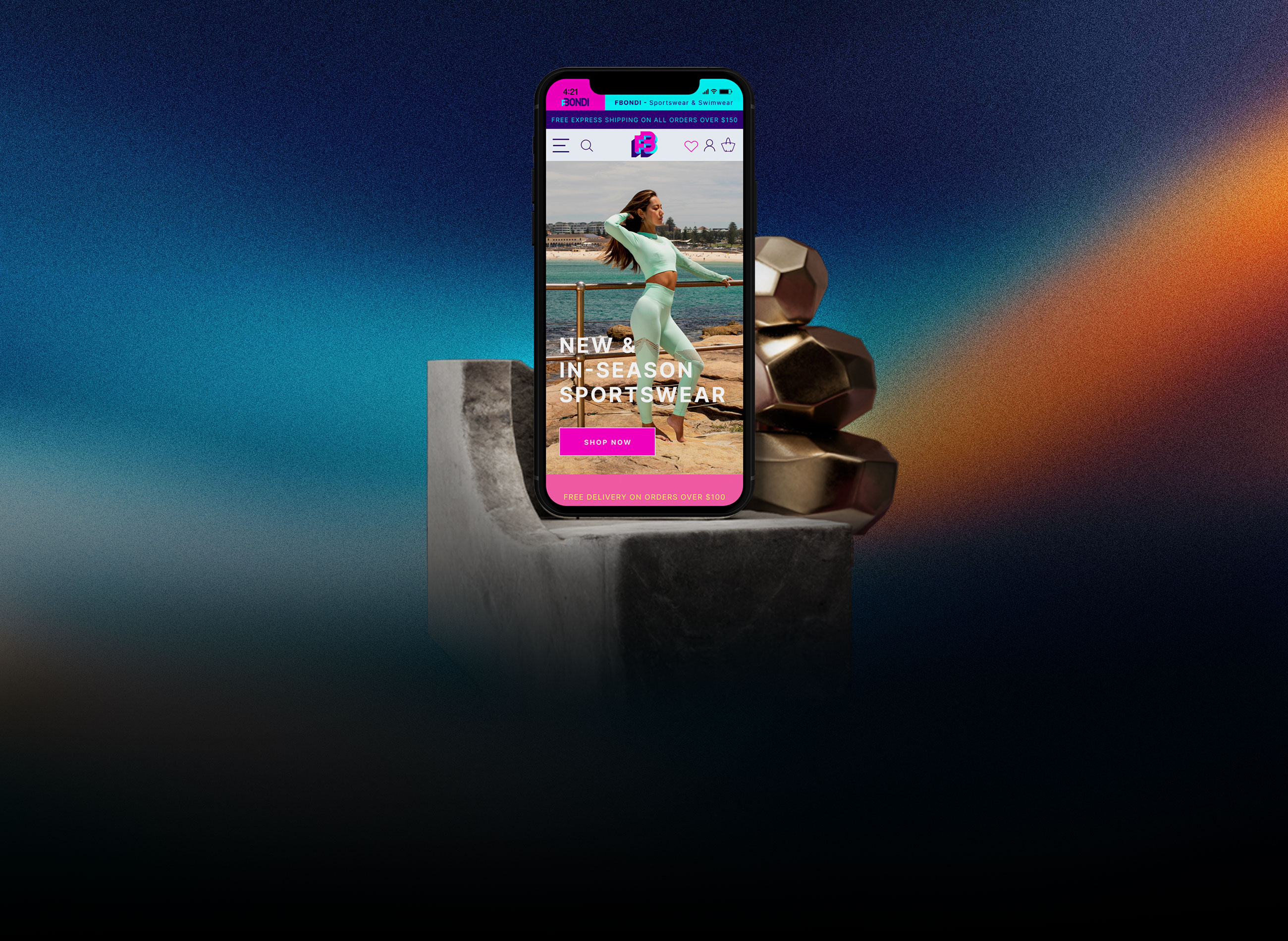A smartphone mockup displays an online shop